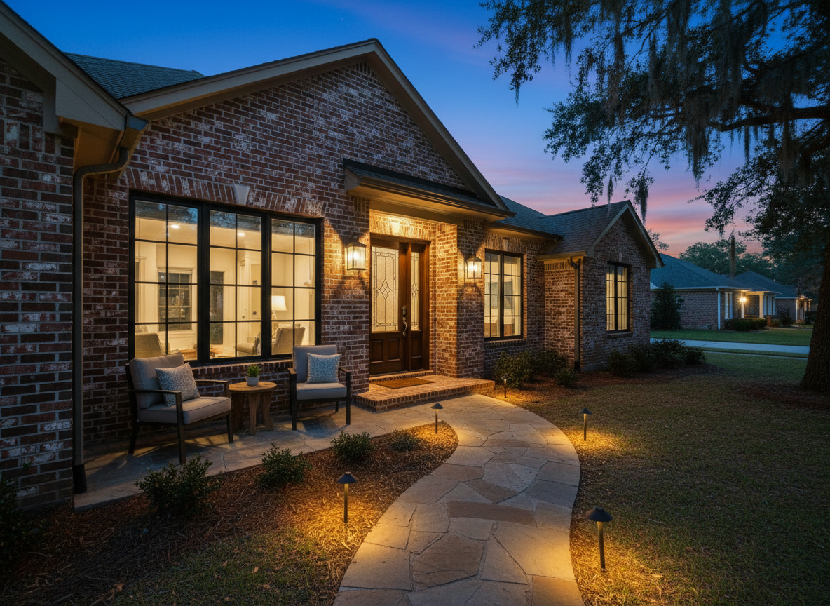 An exterior view of a single-family brick house in Mississippi at dusk, with warm exterior lights on by the front door and along the pathway, subtle trees and neighboring houses in the background, modern but cozy, photographed in a realistic style.
